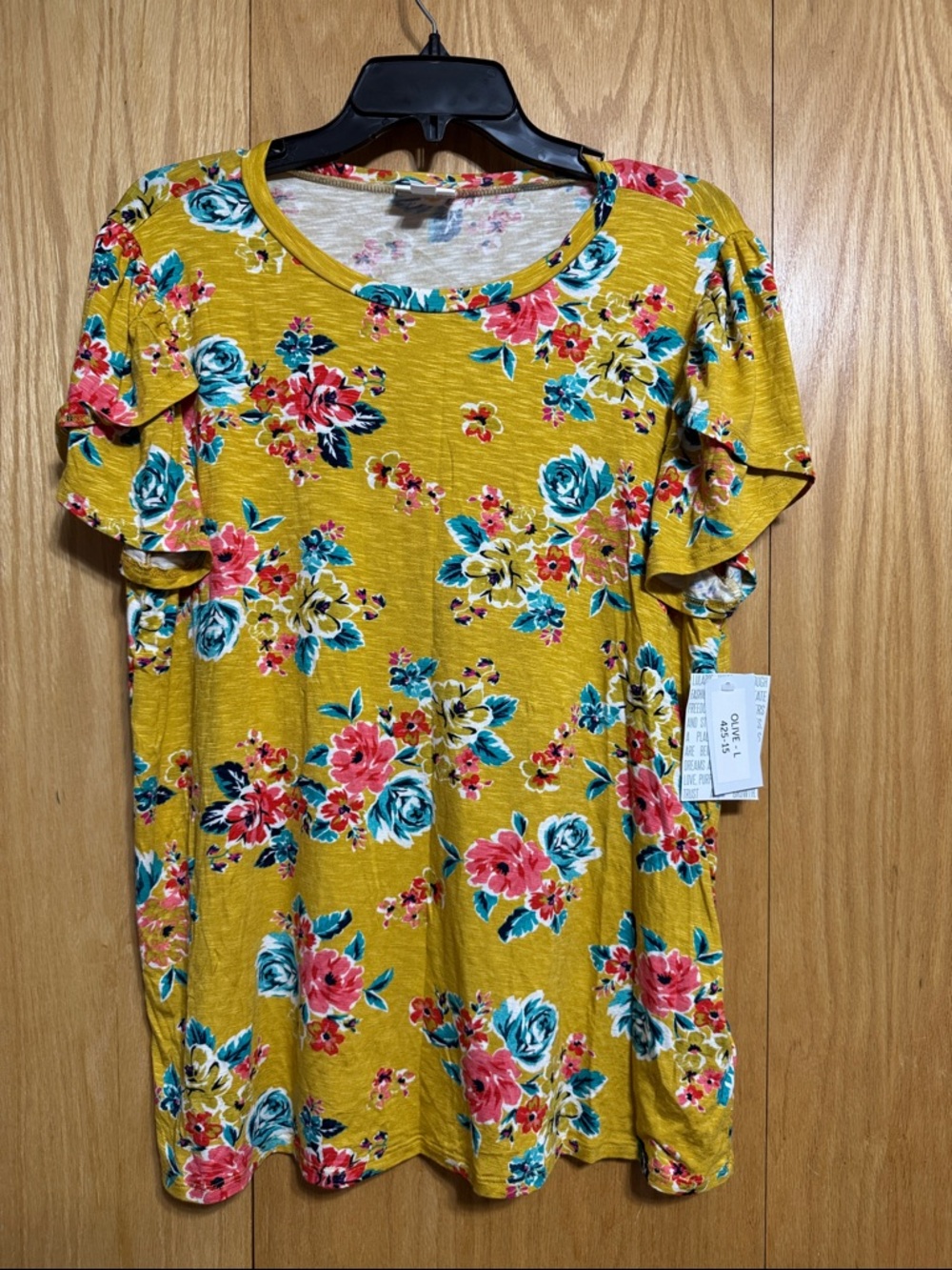 LuLaRoe “Olive” Mustard Color Floral Short Sleeve Tee